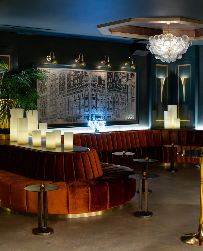 Luminaries Clustered as Statement Pieces Creating a Moody Ambiance at a Wedding Cocktail Lounge